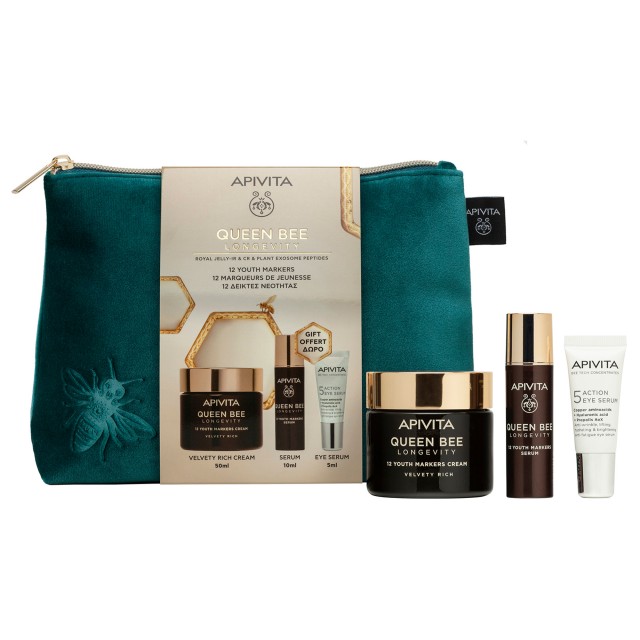 Apivita PROMO Queen Bee Longevity Πλούσια Βελούδινη Κρέμα για Δράση σε 12 Δείκτες Νεότητας 50ml & Queen Bee Longevity Ορός Προσώπου 10ml & 5 Action Eye Serum Αντιρυτιδικός Ορός Ματιών 5ml & ΔΩΡΟ Νεσεσέρ Apivita PROMO Queen Bee Longevity Πλούσια Βελούδινη Κρέμα για Δράση …