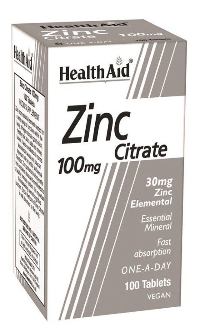 Health Aid Zinc Citrate 100mg Συμπλήρωμα Διατροφής Ψευδάργυρου Κιτρικού Με Ευεργετικές Ιδιότητες Για Ανοσοποιητικό, Δέρμα Και Αναπαραγωγικό Σύστημα 100 Ταμπλέτες