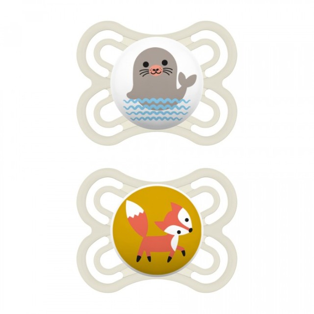 Mam Perfect Πιπίλα Σιλικόνης 2-6m+ Εκρού με Σχέδια και Θήκη 2 Τεμάχια …