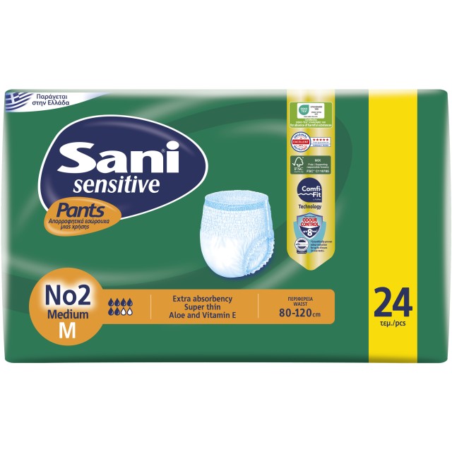 Sani Sensitive Pants Medium No2 Ελαστικό Εσώρουχο Ακράτειας 24 Τεμάχια