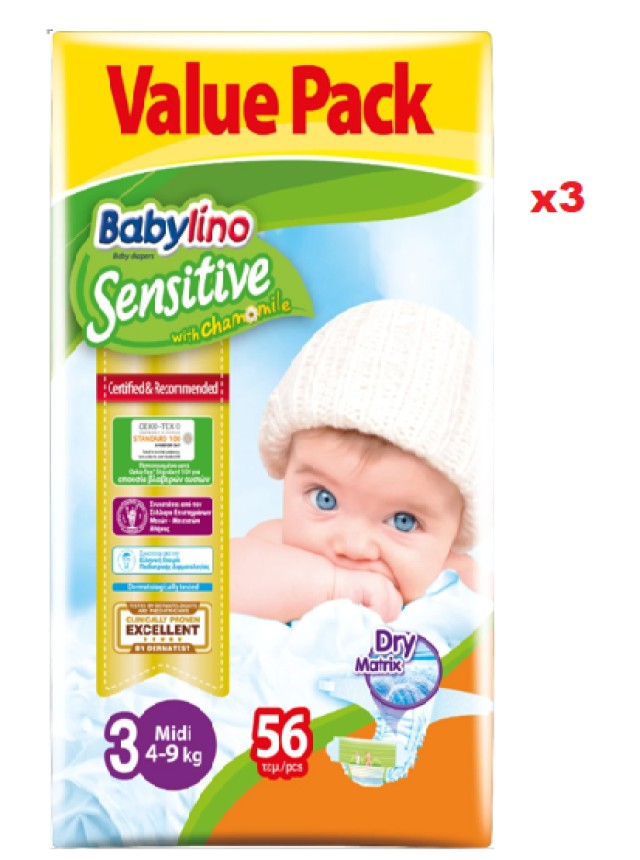 Πάνες Babylino Sensitive No3 [4-9kg] Value Pack 3 Πακέτα x 56 Τεμάχια