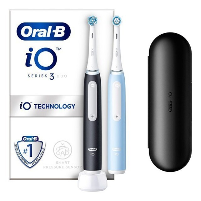 Oral B PROMO DUO iO Series 3 Ηλεκτρικές Οδοντόβουρτσες με Αισθητήρα Πίεσης Γαλάζιο & Μαύρο 2 Τεμάχια