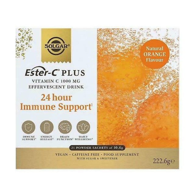 Solgar Ester C Plus Vitamin C 100mg Effervescent Drink Συμπλήρωμα Διατροφής 24ωρης Υποστήριξης του Ανοσοποιητικού Συστήματος 21 Φακελάκια