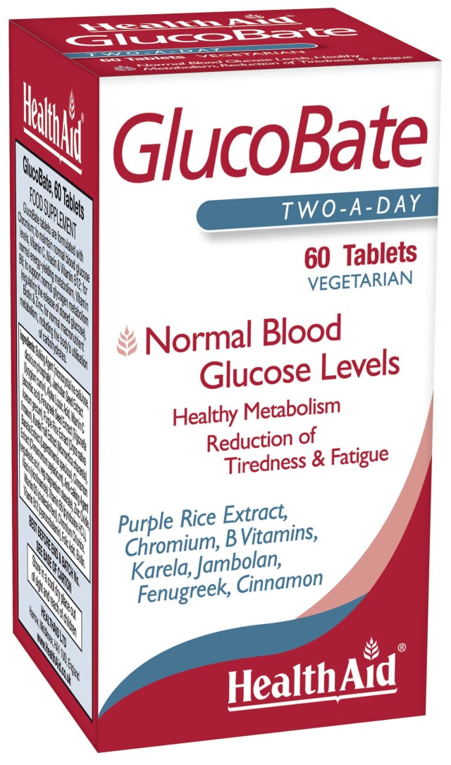 Health Aid GlucoBate Συμπλήρωμα Διατροφής με Βιταμίνες, Μέταλλα, Κανέλα & Φυτικά Εκχυλίσματα για Εξισορρόπηση Γλυκόζης & Αύξηση Ενέργειας 60 Φυτικές Ταμπλέτες
