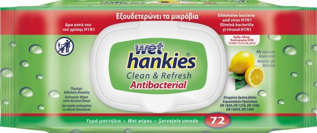 Wet Hankies Υγρά Αντιβακτηριδιακά Μαντηλάκια Χεριών με Άρωμα Λεμόνι με Καπάκι Clean & Refresh Antibacterial Lemon 72 Τεμάχια