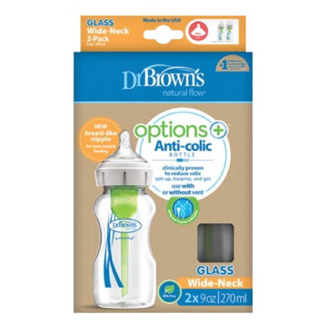 Dr Browns Options+ Anti-Colic Γυάλινο Μπιμπερό με Φαρδύ Λαιμό & Θηλή Σ …