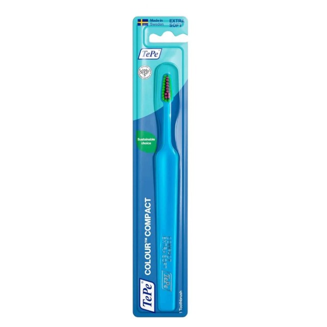 TePe Colour Compact Extra Soft Οδοντόβουρτσα Πολύ Μαλακή Γαλάζια με Πράσινες & Φούξια Ίνες 1 Τεμάχιο