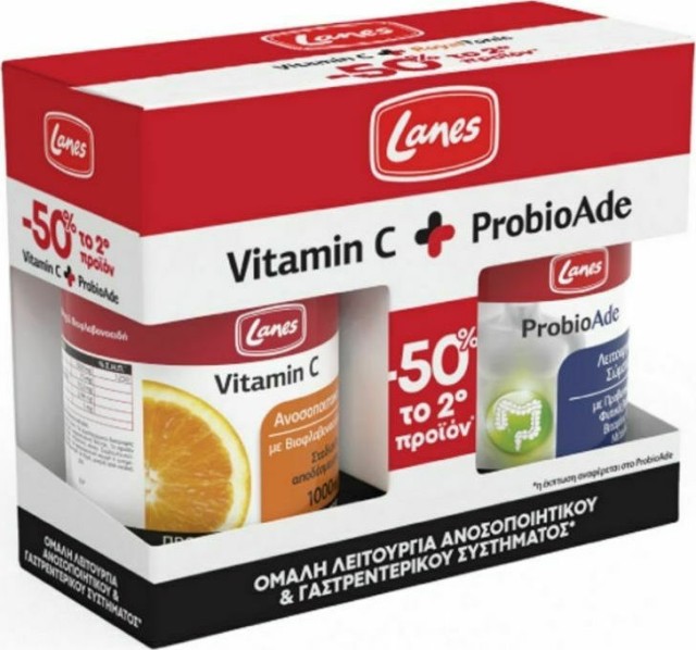 Lanes PROMO Vitamin C 1000mg 30 Ταμπλέτες Συμπλήρωμα Διατροφής για την Ομαλή Λειτουργία του Ανοσοποιητικού - Γαστρεντερικού Συστήματος - ProbioAde 20 Κάψουλες