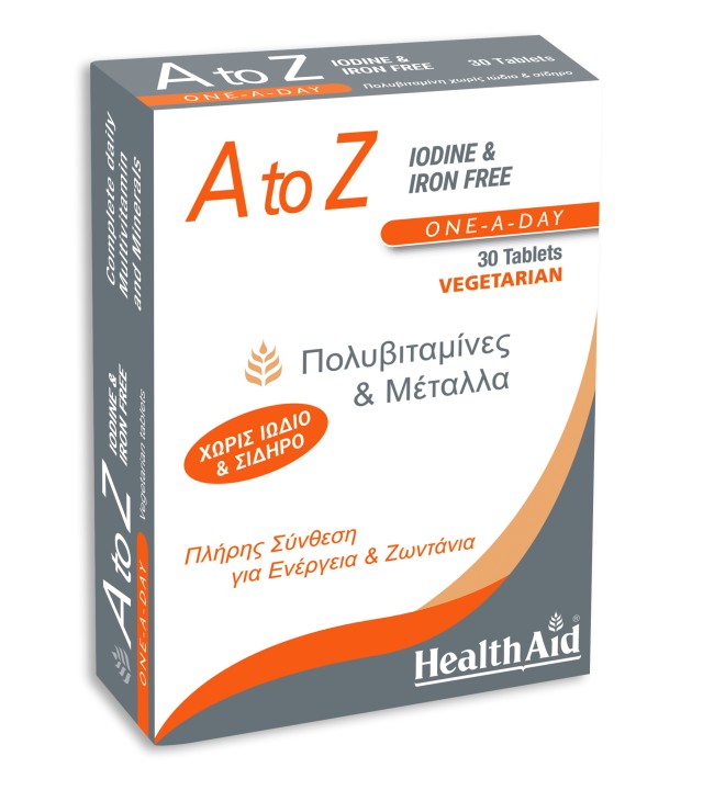 Health Aid A To Z Iodine & Iron Free Συμπλήρωμα Διατροφής με Βιταμίνες και Μέταλλα για Ενέργεια και Ζωντάνια 30 Ταμπλέτες