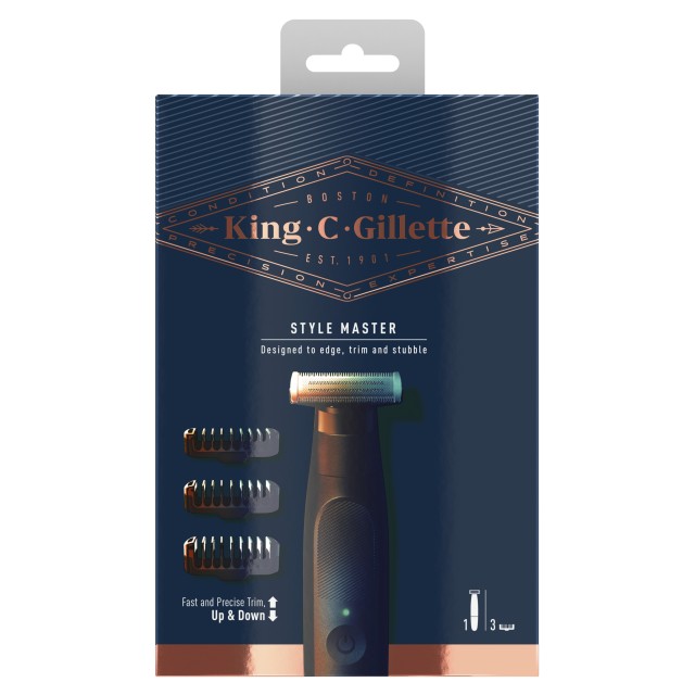 King C. Gillette Style Master Επαναφορτιζόμενη Ανδρική Μηχανή Ξυρίσματος Trimmer για τα Γένια 1 Τεμάχιο - 3 Εναλλάξιμα 4D Χτενάκια