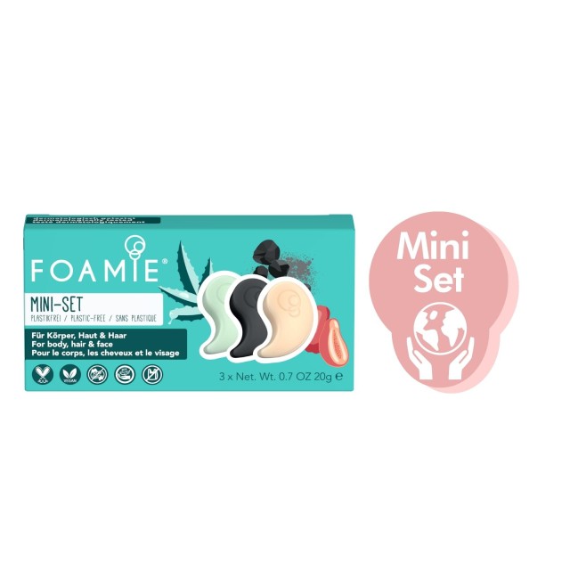 Foamie Mini Travel Set Shampoo Bar Aloe You Vera Much 80gr - Face Bar Too Coal To Be True 60gr - Body Bar Oat To Be Smooth 80gr