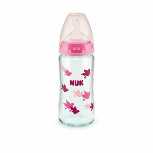 Nuk First Choice+ Γυάλινο Μπιμπερό με Θηλή Σιλικόνης 0-6m+ Χρώμα:Ροζ με Πουλάκια 240ml [10.745.124]