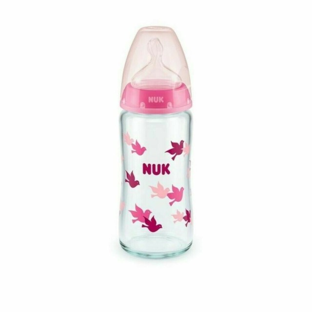 Nuk First Choice+ Γυάλινο Μπιμπερό με Θηλή Σιλικόνης 0-6m+ Χρώμα:Ροζ μ …
