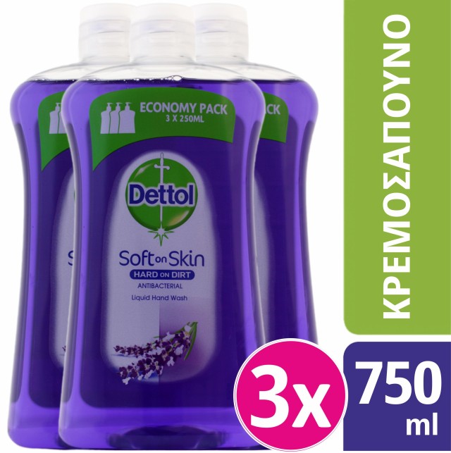 SET Dettol Refill Soft On Skin Lavender Ανταλλακτικό Υγρό Κρεμοσάπουνο Λεβάντα 3x750ml