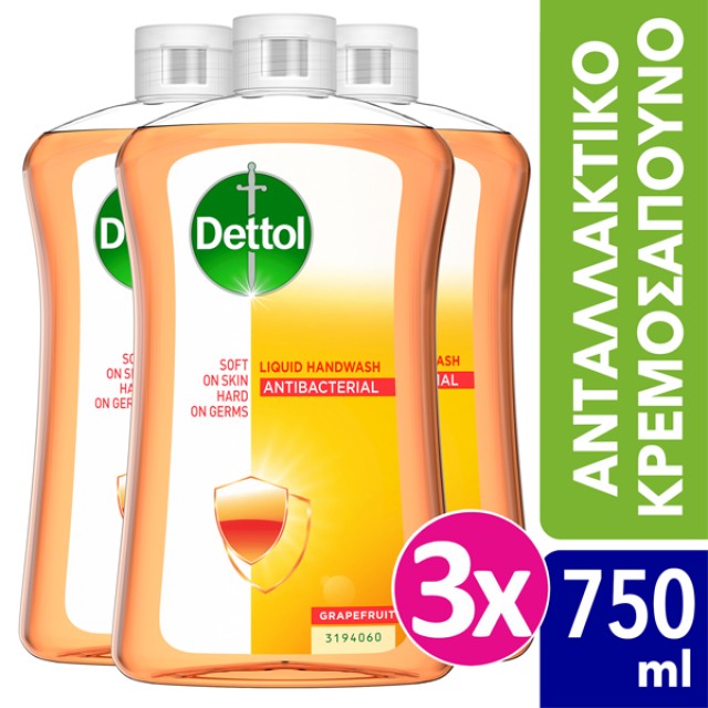 Dettol Set Ανταλλακτικό Υγρό Κρεμοσάπουνο Grapefruit 3x750ml