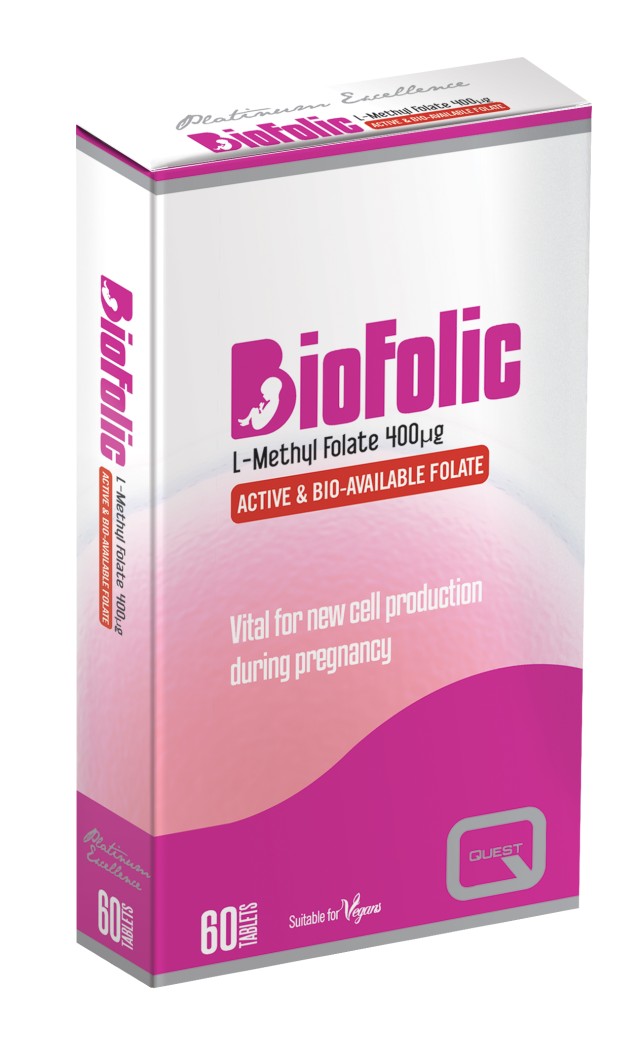 Quest BioFolic Συμπλήρωμα Διατροφής με Φολικό Οξύ 400mg Κατάλληλο για πριν τη Σύλληψη & Κατά τη Διάρκεια της Εγκυμοσύνης 60 Ταμπλέτες