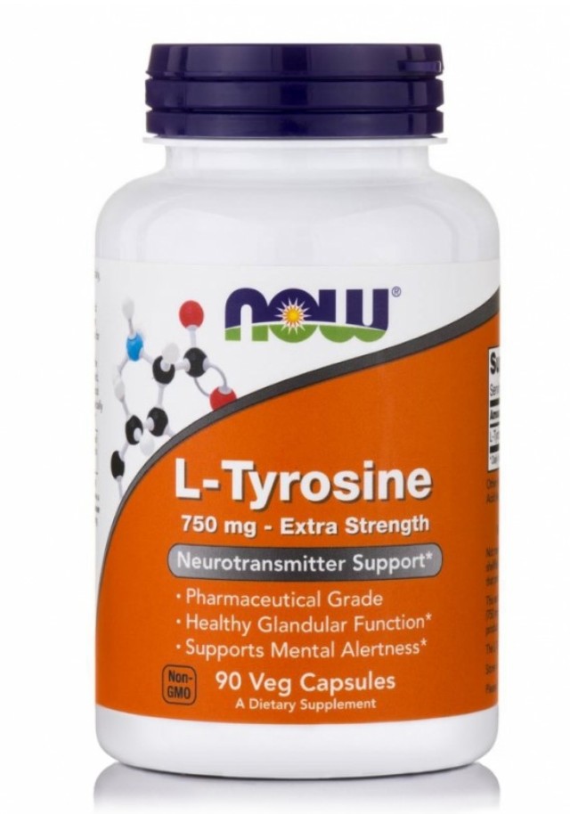 Now Foods L-Tyrosine Extra Strength 750mg Συμπλήρωμα Διατροφής Για Τον Θυροειδή 90 Κάψουλες