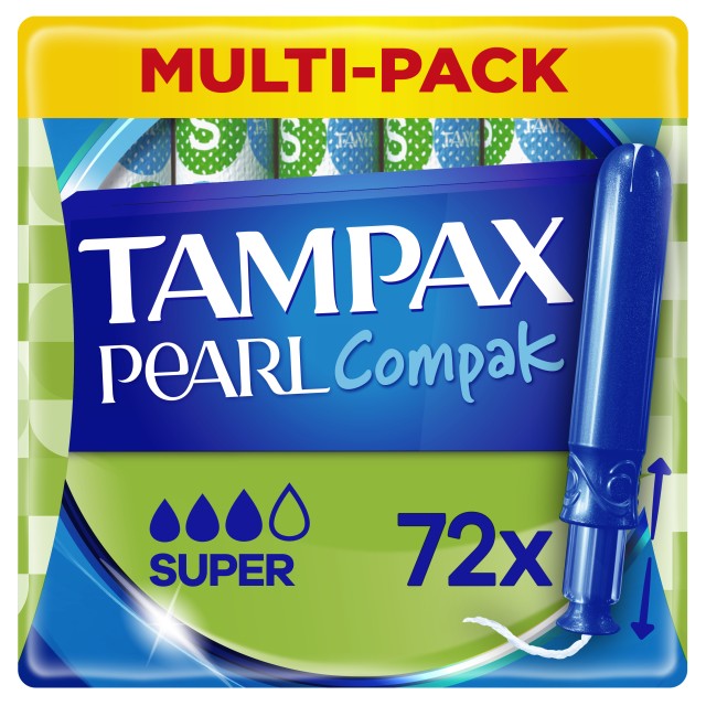 Tampax Super Compak Pearl Ταμπόν με Απλικατέρ για Αυξημένη Ροή 72 Τεμάχια [4 Συσκευασίες x 18 Τεμάχια]