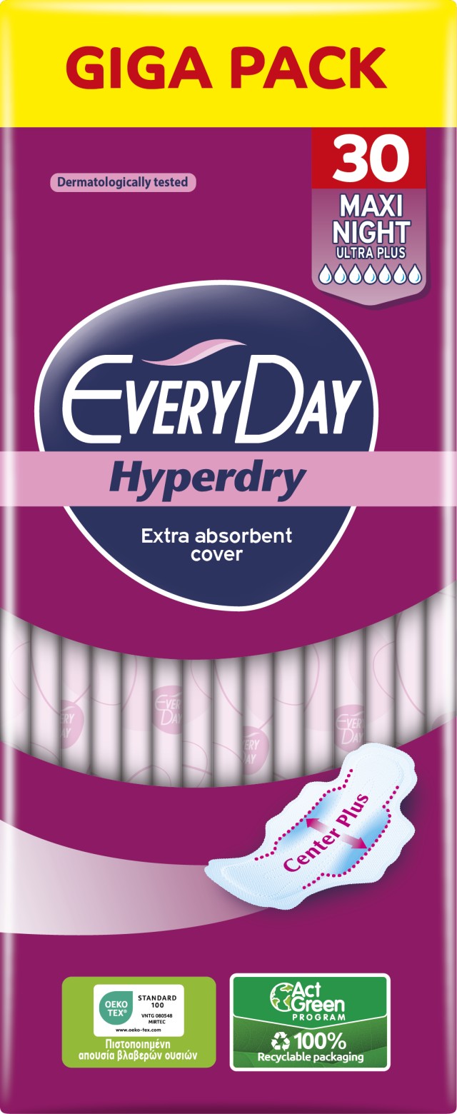 EveryDay Hyperdry Maxi Night Ultra Plus Σερβιέτες με Φτερά 7 Σταγόνες Giga Pack 30 Τεμάχια