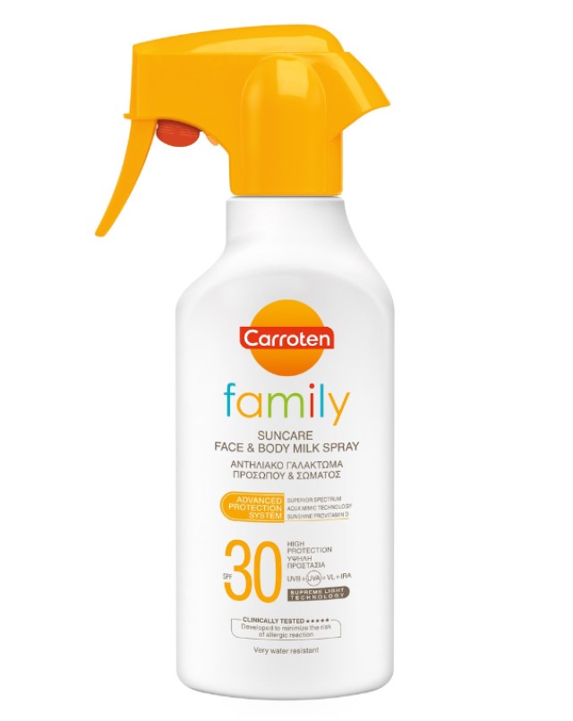 Carroten Family Suncare Milk Spray SPF30 Αντηλιακό Γαλάκτωμα Προσώπου & Σώματος σε Μορφή Spray για Εύκολη Εφαρμογή για Όλη την Οικογένεια 270ml