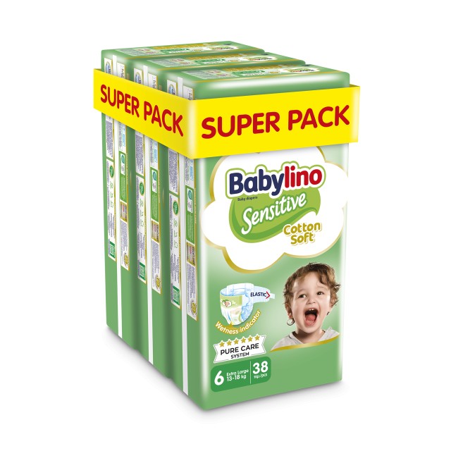 Πάνες Babylino Sensitive Cotton Soft No6 [13-18kg] Super Pack 114 Πάνες [3 Πακέτα x 38 Τεμάχια]