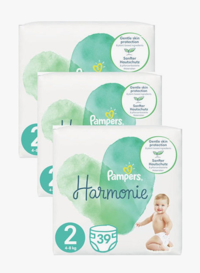 Pampers Harmonie Μέγεθος 2 [4-8kg] 3 Πακέτα x 39 Τεμάχια [117 Πάνες]