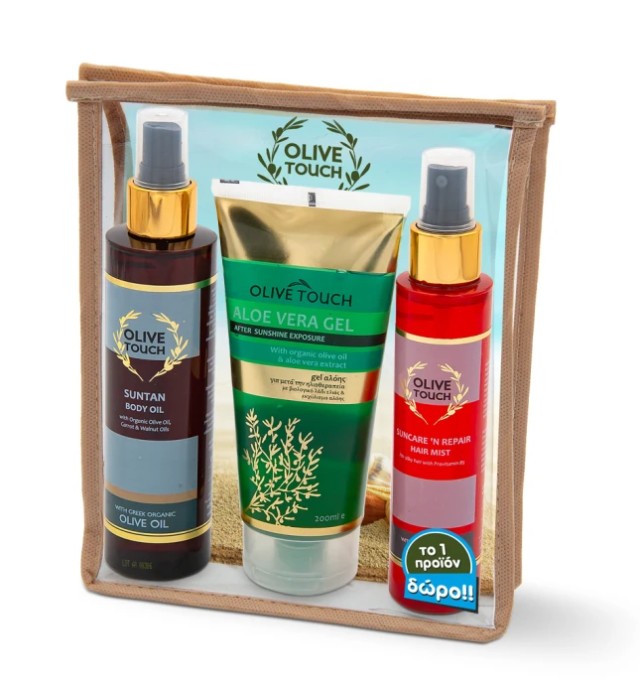 Olive Touch PROMO Suntan Body Oil Body Oil for Tanning 200ml - Oil Suncare n Repair Hair Mist Repairing Oil for Hair 125ml - Moisturizing Body Gel with Aloe 300ml in Transparent Toiletry Bag