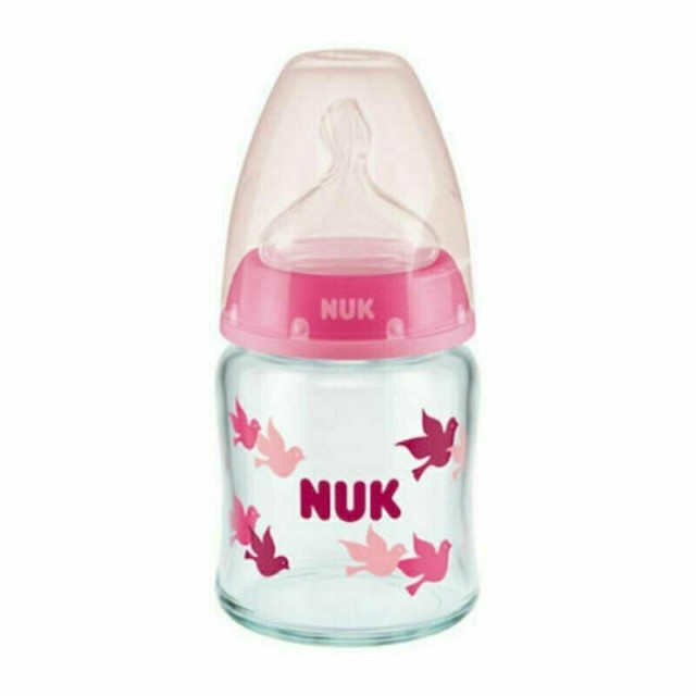 Nuk First Choice+ Γυάλινο Μπιμπερό με Θηλή Σιλικόνης 0-6m+ Χρώμα:Ροζ με Πουλάκια 120ml [10.747.117]