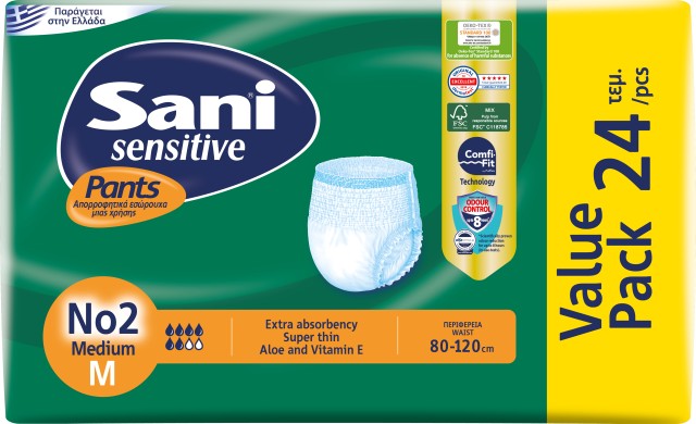 Sani Sensitive Pants Medium No2 Ελαστικό Εσώρουχο Ακράτειας 24 Τεμάχια