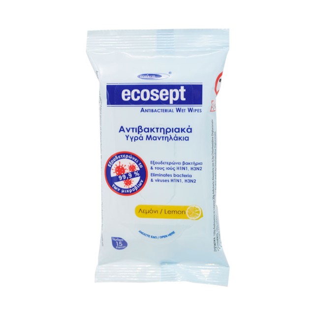 Ecofarm Ecosept Υγρά Αντιβακτηριακά Μαντηλάκια με Άρωμα Λεμόνι 15 Τεμάχια