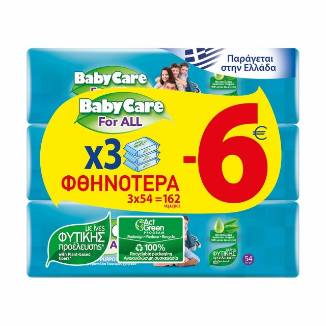 Μωρομάντηλα BabyCare For All 162 Τεμάχια [3 Πακέτα x 54 Μωρομάντηλα]