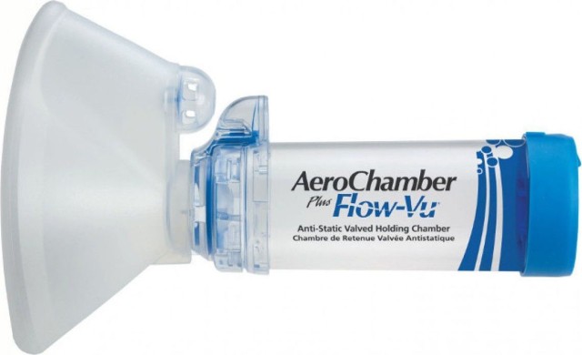 Trudell Aerochamber Plus Flow Vu Large Mask Αντιστατικός Αεροθάλαμος Εισπνοών για Ενήλικες με Δείκτη Εισπνοών Μπλε 1 Τεμάχιο