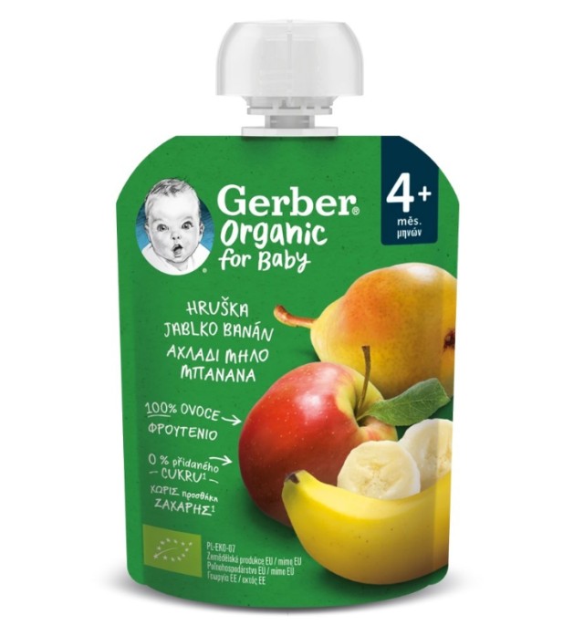 Gerber Organic for Baby 4m+ Φρουτοπουρές Αχλάδι, Μήλο & Μπανάνα 90gr
