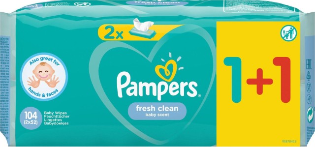 Pampers Baby Wipes Fresh Clean Μωρομάντηλα 2x52 Τεμάχια 1+1 ΔΩΡΟ