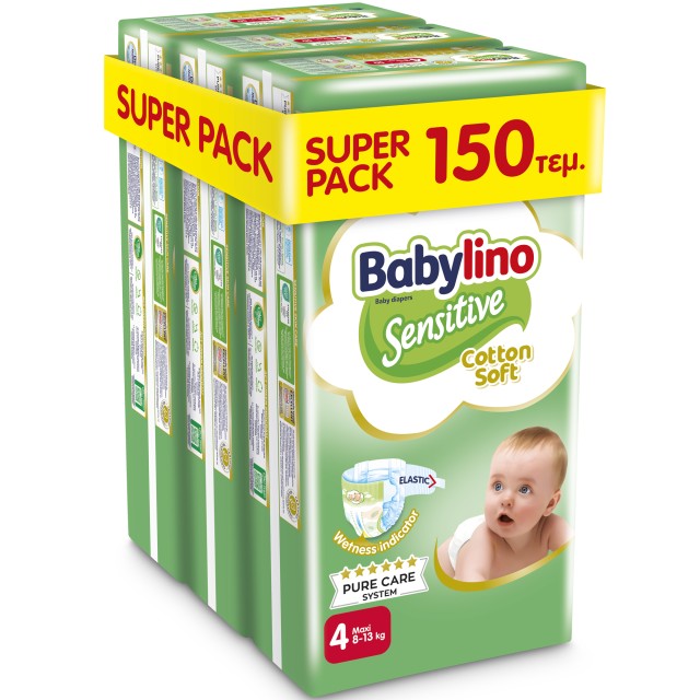 Πάνες Babylino Sensitive Cotton Soft Νο4 Maxi [8-13kg] Super Pack 150 &hellip;