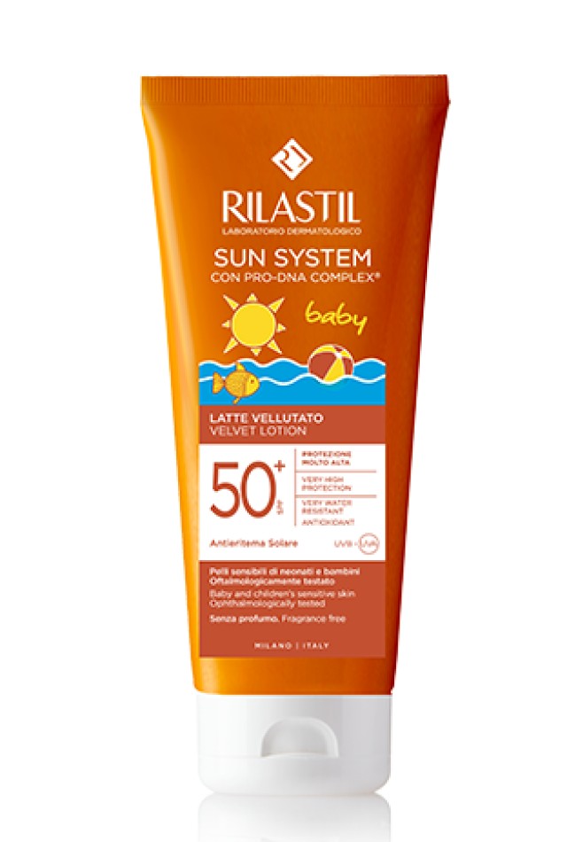 Rilastil Sun System Baby Velvet Lotion SPF50+ Αδιάβροχο Βρεφικό Αντηλιακό Γαλάκτωμα για Πρόσωπο & Σώμα 200ml