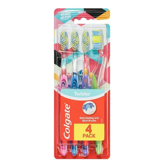 Colgate Twister Soft, Μαλακή Οδοντόβουρτσα για Βαθύ Καθαρισμό Οικογενειακή Συσκευασία Διάφορα Χρώματα 4 Τεμάχια