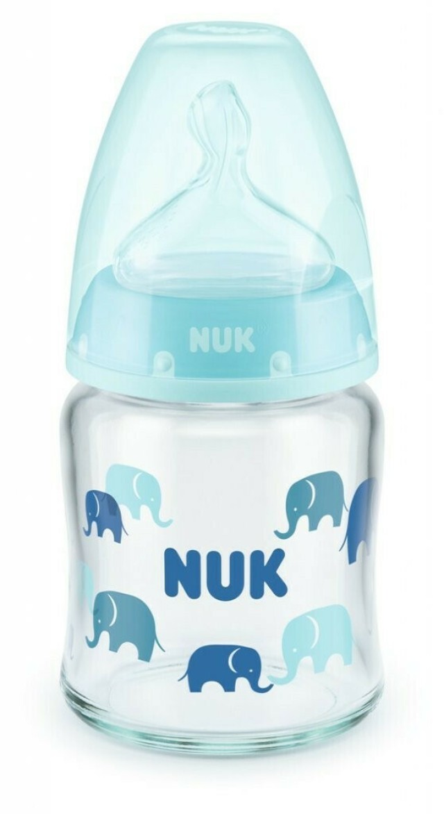 Nuk First Choice+ Γυάλινο Μπιμπερό με Θηλή Σιλικόνης 0-6m+ Χρώμα:Μπλε με Ελεφαντάκια 120ml [10.747.117]