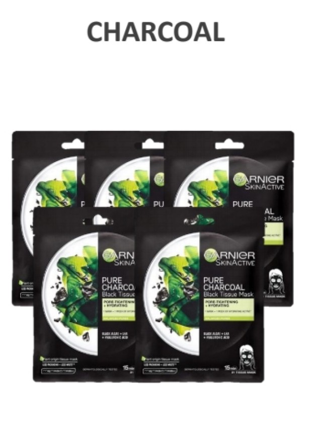 Garnier BUNDLE X5 Charcoal Black Tissue Masks Υφασμάτινες Μάσκες Ενυδά …