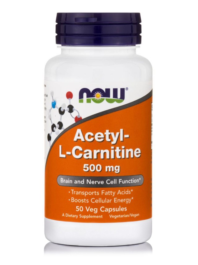 Now Foods Acetyl-L-Carnitine 500mg Carnitine Dietary Supplement for Brain Cell Function and Metabolism 50 Herbal Capsules