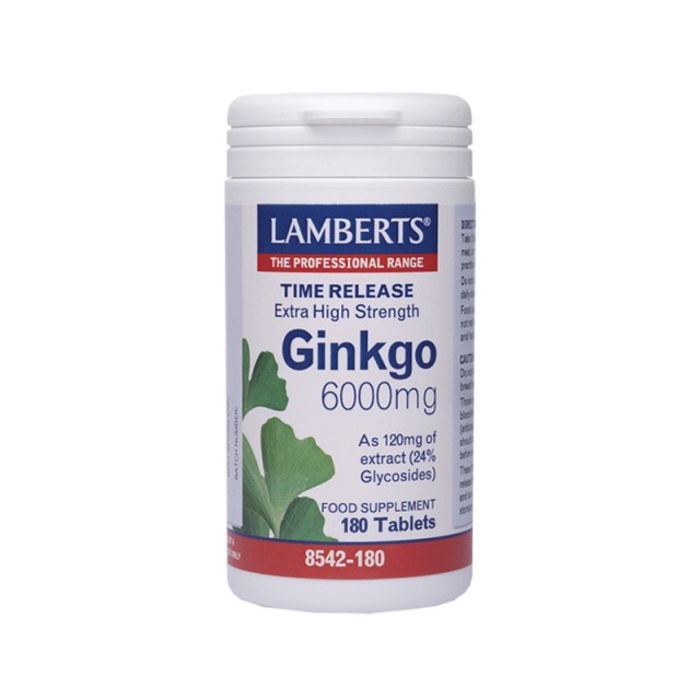 Lamberts Ginkgo Biloba Extract 6000mg Συμπλήρωμα Διατροφής με Τιτλοδοτημένο Εκχύλισμα Ginkgo Biloba 180 Ταμπλέτες