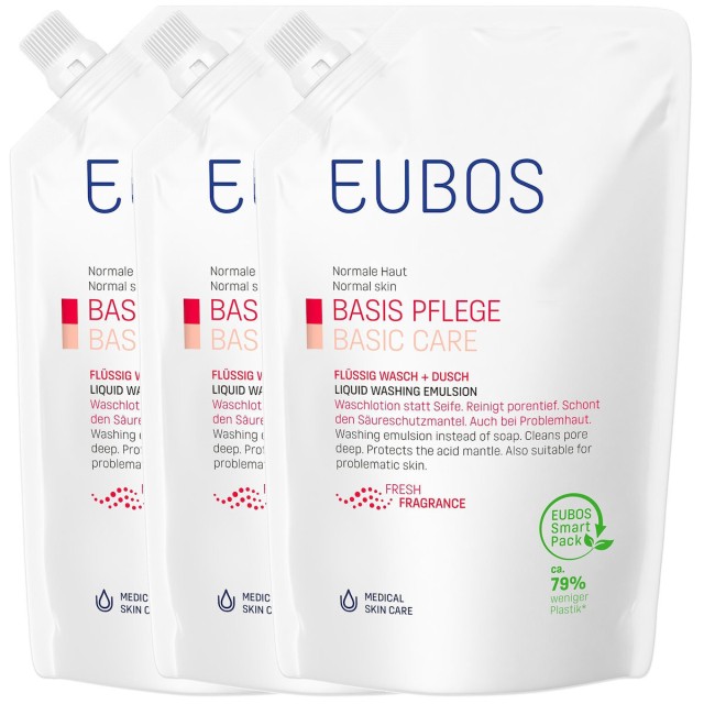 Eubos Basic Skin Red Care Normal Skin Liquid Washing Emulsion Refill Υγρό Καθαρισμού Προσώπου - Σώματος 3x400ml [2+1 ΔΩΡΟ]