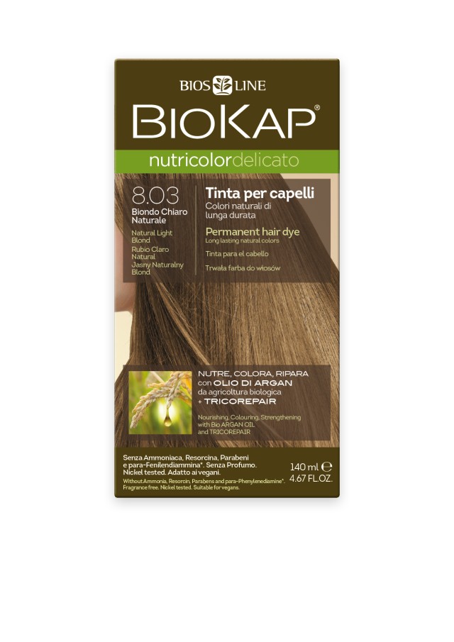 Biokap Nutricolor Delicato No8.03 Natural Light Blond Βαφή Μαλλιών Φυσικό Ξανθό Ανοιχτό 140ml
