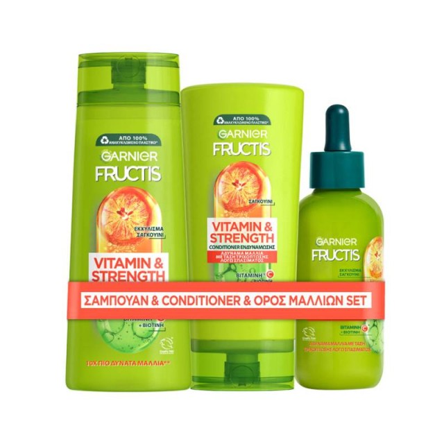 Garnier Bundle Fructis Vitamin & Strength Σαμπουάν Ενδυνάμωσης Μαλλιών με Σαγκουίνι 400ml + Conditioner Κρέμα Μαλλιών + Ορός Ενδυνάμωσης Μαλλιών 125ml