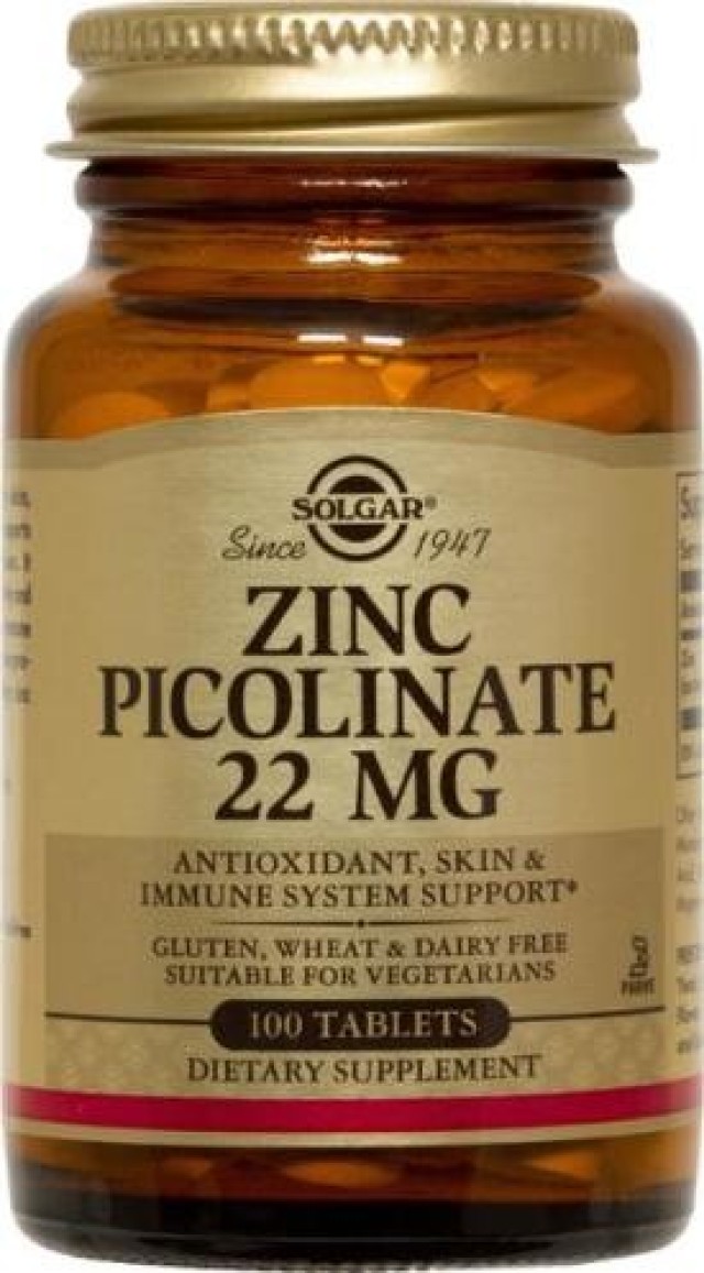 Solgar Zinc Picolinate 22mg Συμπλήρωμα Διατροφής με Ψευδάργυρο 100 Ταμπλέτες