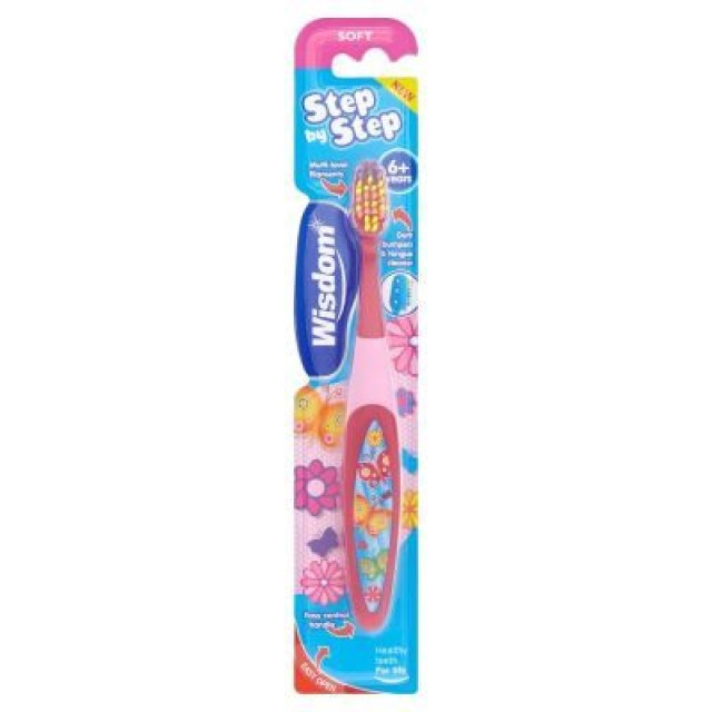 Wisdom Step By Step Toothbrush 6 Ετών+ Παιδική Οδοντόβουρτσα Μαλακή Ροζ - Φούξια, Κίτρινο - Κόκκινο, Κίτρινο - Μπλε 1 Τεμάχιο
