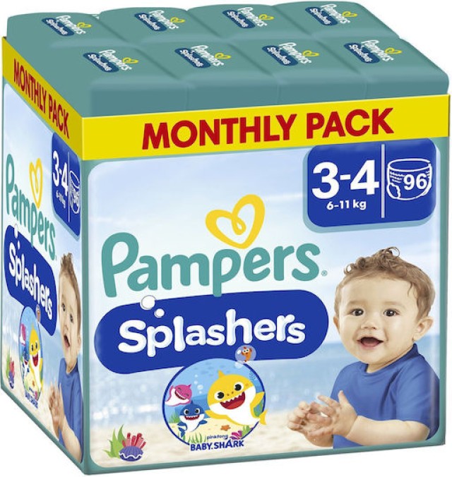 Pampers Splashers Baby Shark Μέγεθος 3-4 [6-11kg] 96 Πάνες [8 Πακέτα x …