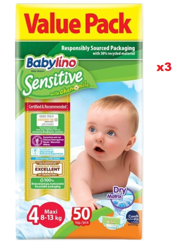 Πάνες Babylino Sensitive No4 [8-13kg] Value Pack 3 Πακέτα x 50 Τεμάχια