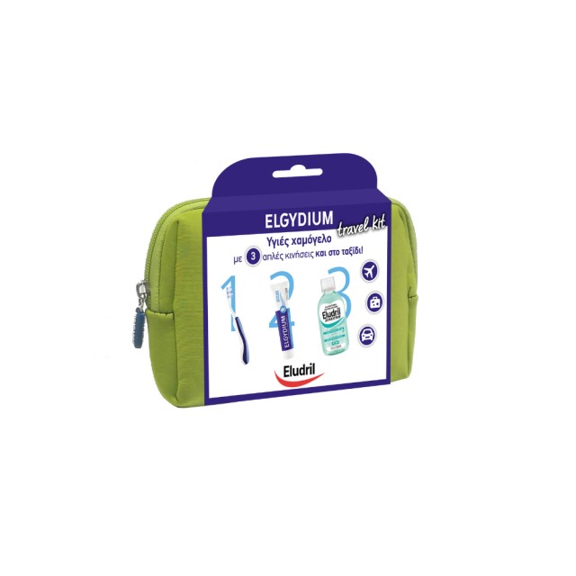 Elgydium Travel Kit με Antiplaque Οδοντόπαστα 50ml - Οδοντόβουρτσα Ταξιδίου Pocket Τυχαία Επιλογή Χρώματος 1 Τεμάχιο - Eludril Sensitive Στοματικό Διάλυμα 15ml - Τσαντάκι Πράσινο