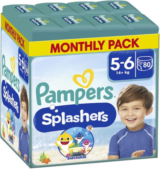 Pampers Splashers Baby Shark Μέγεθος 5-6 [14+kg] 80 Πάνες [8 Πακέτα x …